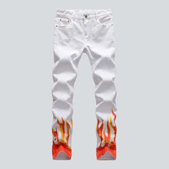 Flame-painted white men jeans