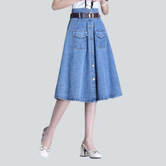 Flap pocket flared denim skirt