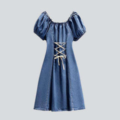 Flare denim dress with drawstrings