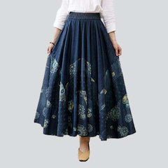 Flare embroidered long denim skirt