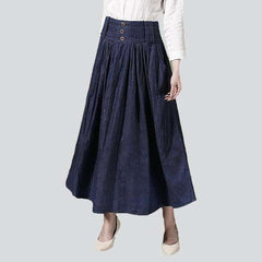 Flare navy long denim skirt