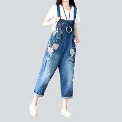 Flower embroidery women denim jumpsuit