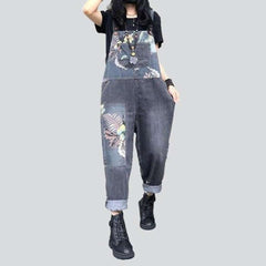 Flower painted grey denim overall