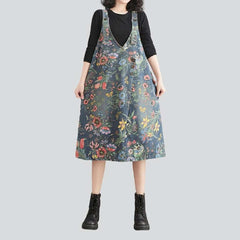 Flower-painted urban denim dress