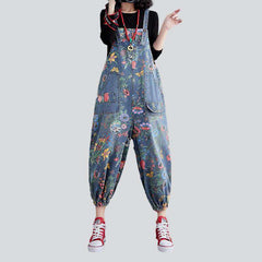 Flower print women denim jumpsuit