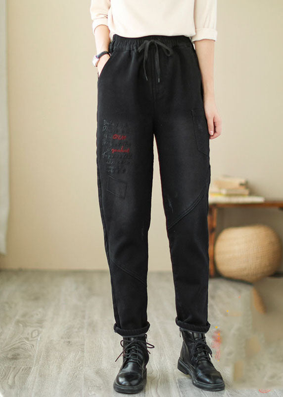 Pantalones vaqueros de patchwork bordados en negro francés para invierno