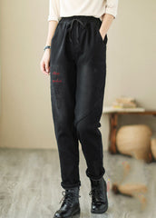 French Black Embroideried Patchwork denim Pants Winter