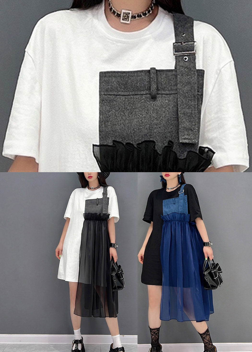 French Black O-Neck Denim Tulle Patchwork Dress Short Sleeve