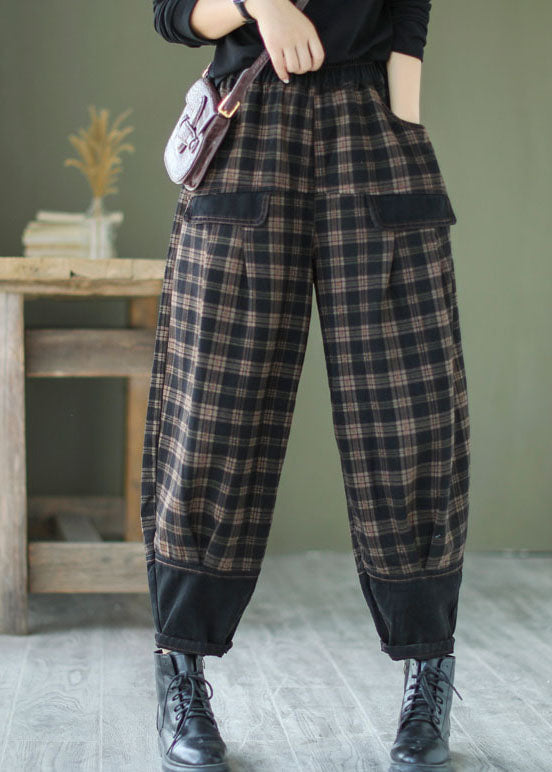 French Black Plaid Patchwork denim Pants