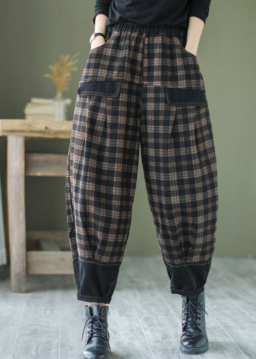 French Black Plaid Patchwork denim Pants