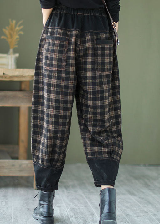 French Black Plaid Patchwork denim Pants