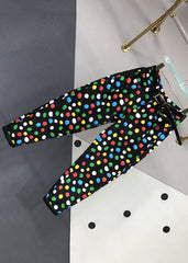 French Black Pockets Multi Dot Print Patchwork Denim Pants Fall