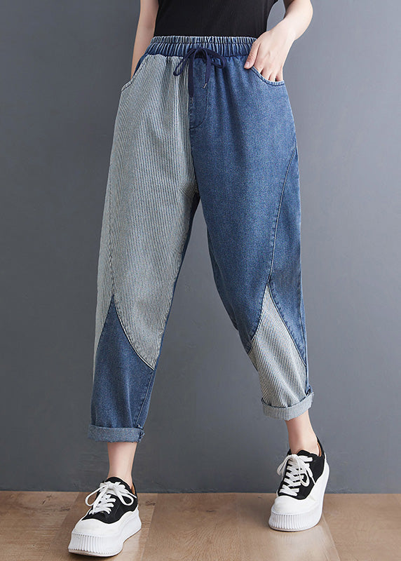 Cropped Drawstring Denim French Blue Asymmetrical Patchwork Drawstring Elastic Waist Denim Crop ...