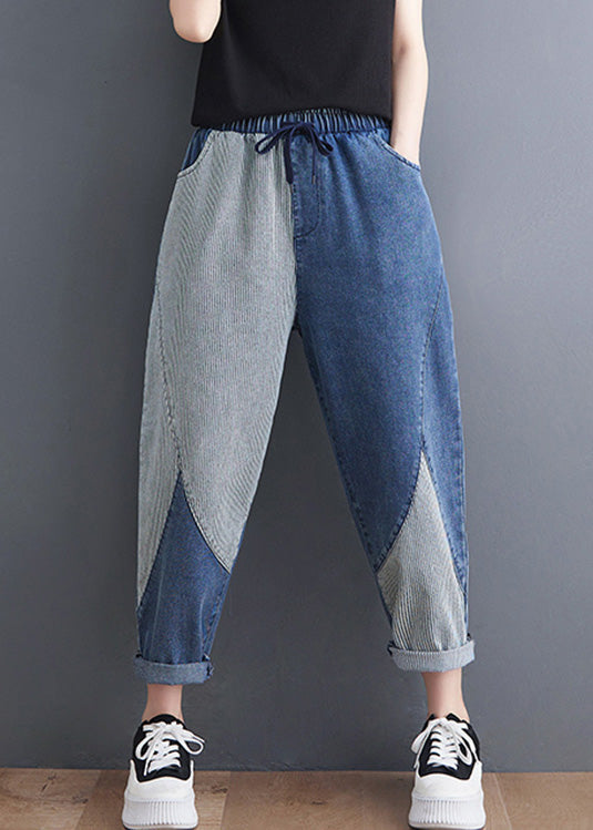 French Blue Asymmetrical Patchwork Drawstring Elastic Waist Denim Crop Pants