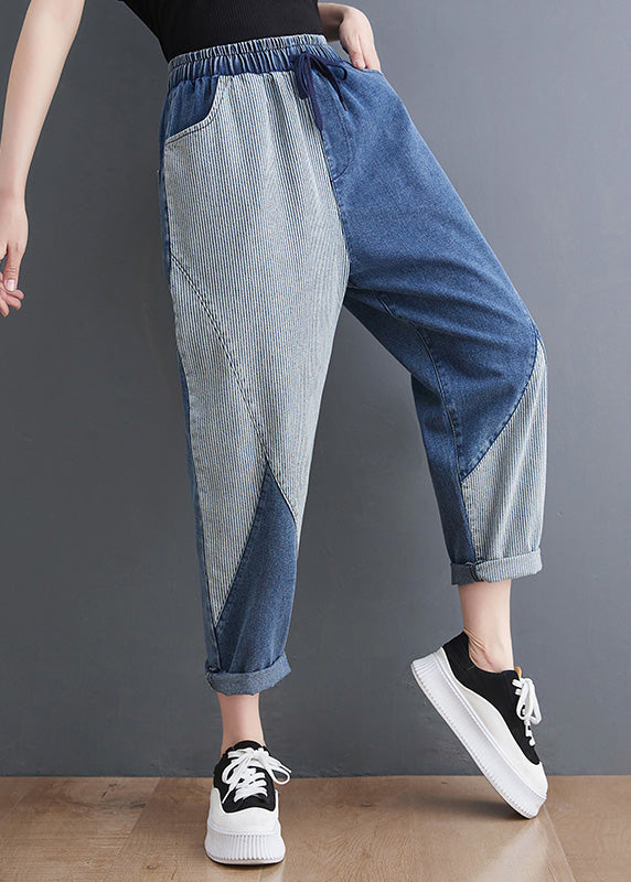 Cropped Drawstring Denim French Blue Asymmetrical Patchwork Drawstring Elastic Waist Denim Crop ...