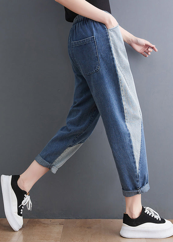 Cropped Drawstring Denim French Blue Asymmetrical Patchwork Drawstring Elastic Waist Denim Crop ...