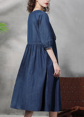 French Blue Cinched Square Collar Embroideried Cotton Denim Dresses Half Sleeve