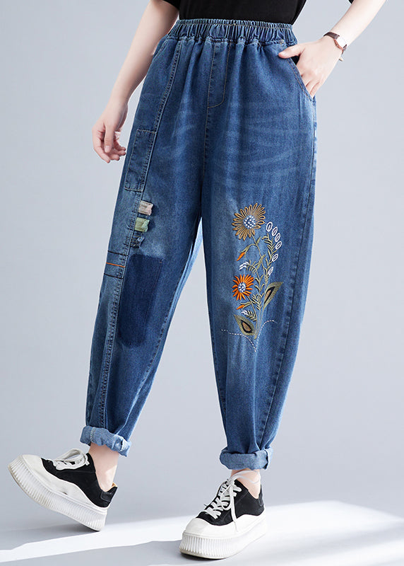 French Blue Embroideried Patchwork Denim Harem Pants