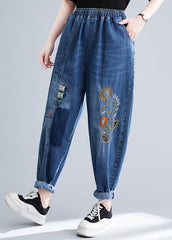 French Blue Embroideried Patchwork Denim Harem Pants