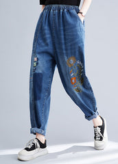 French Blue Embroideried Patchwork Denim Harem Pants