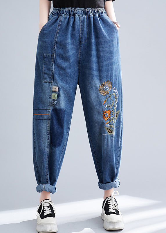 French Blue Embroideried Patchwork Denim Harem Pants