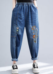 Pantalones harén de mezclilla con patchwork bordado en azul francés