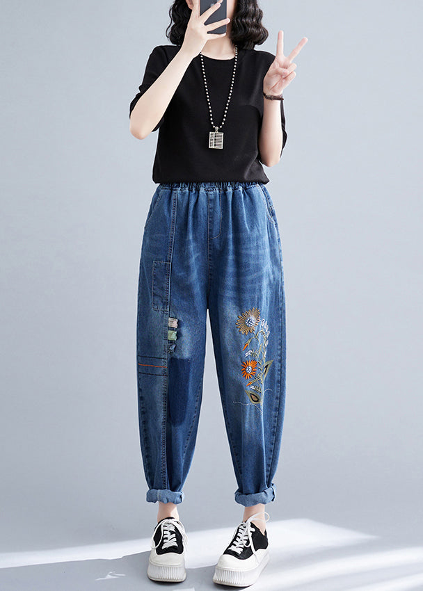 French Blue Embroideried Patchwork Denim Harem Pants