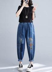 French Blue Embroideried Patchwork Denim Harem Pants