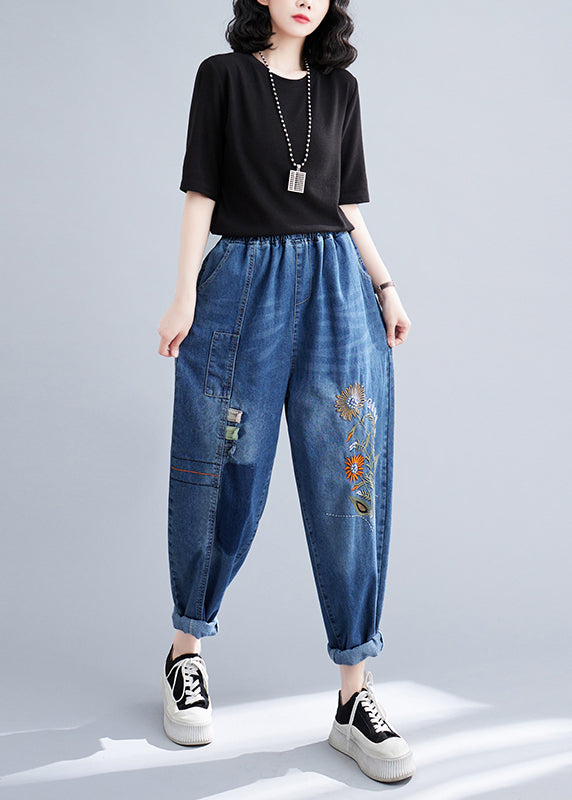 French Blue Embroideried Patchwork Denim Harem Pants