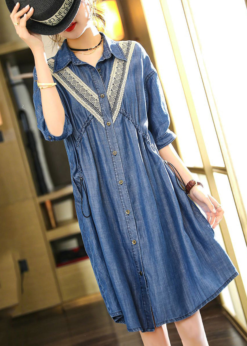 French Blue Embroideried Patchwork Lace Denim Dress