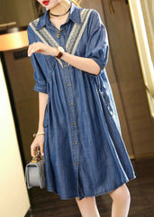 French Blue Embroideried Patchwork Lace Denim Dress