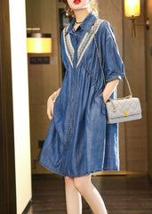 French Blue Embroideried Patchwork Lace Denim Dress