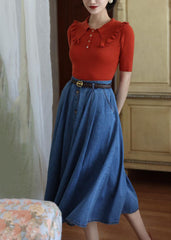 French Blue High Waist Exra Large Hem Cotton Denim Skirts