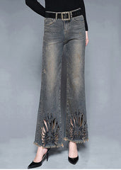 French Blue High Waist Pockets Hollow Out Cotton Denim Flare Pants