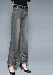 French Blue High Waist Pockets Hollow Out Cotton Denim Flare Pants