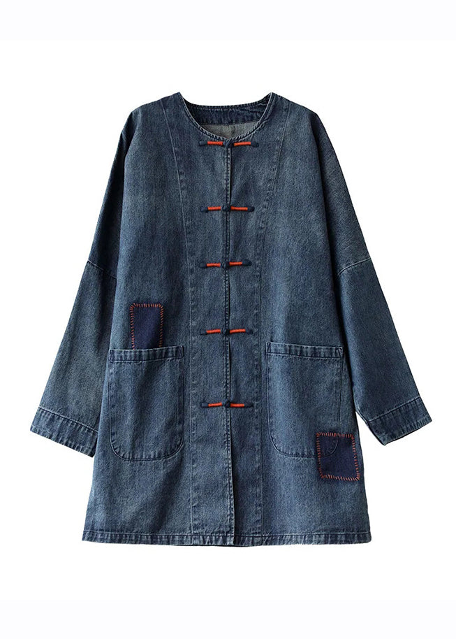 French Blue O-Neck Pockets Patchwork Denim Coats Long Sleeve