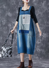 French Blue Oversized Lace Patchwork Denim Strap Dresses