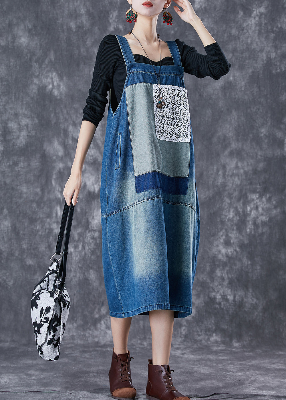 French Blue Oversized Lace Patchwork Denim Strap Dresses
