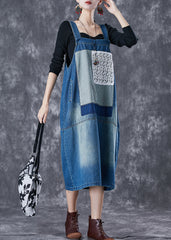 French Blue Oversized Lace Patchwork Denim Strap Dresses