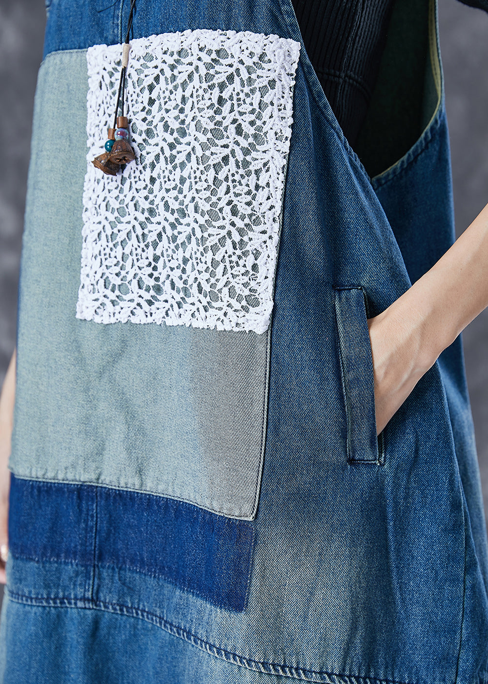French Blue Oversized Lace Patchwork Denim Strap Dresses