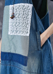 French Blue Oversized Lace Patchwork Denim Strap Dresses