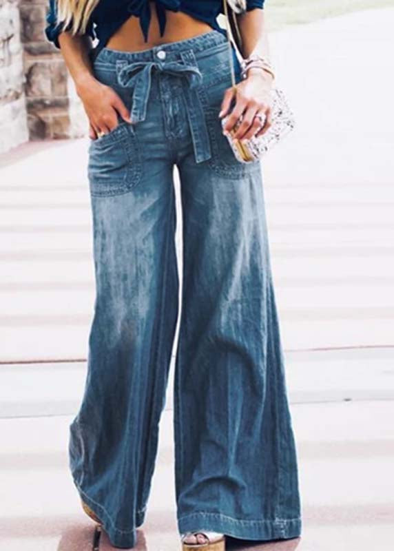 French Blue Oversized Tie Waist Denim Wide Leg Pants