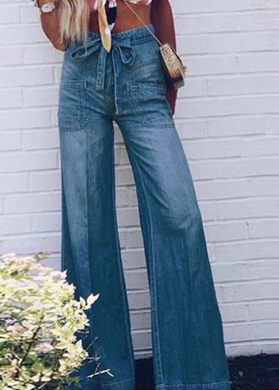 French Blue Oversized Tie Waist Denim Wide Leg Pants