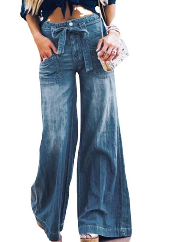 French Blue Oversized Tie Waist Denim Wide Leg Pants