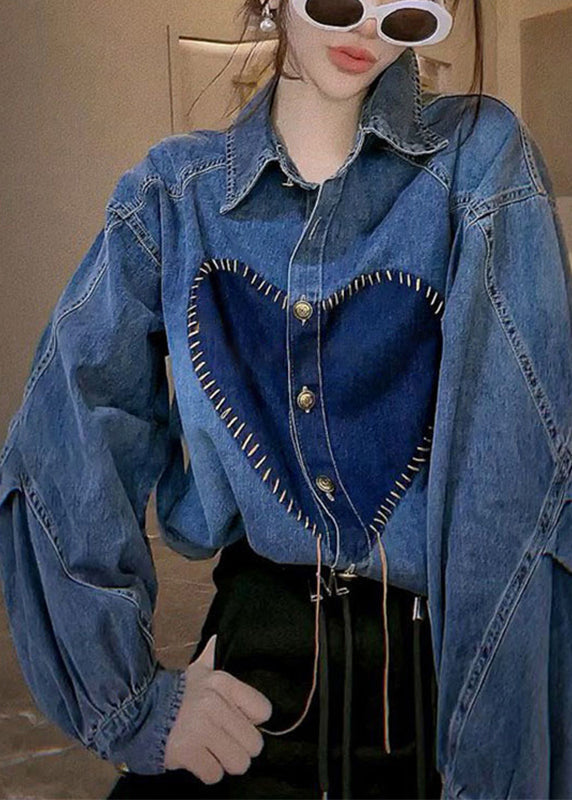 French Blue Peter Pan Collar Button Patchwork Denim Shirts Top Fall