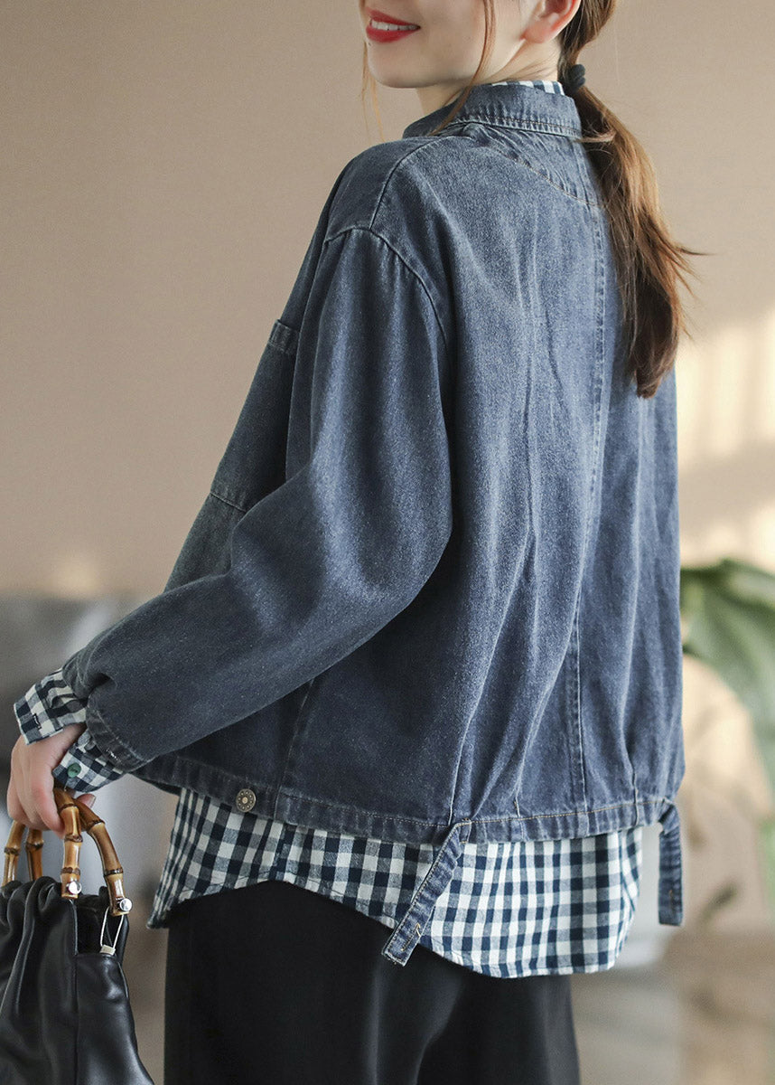 French Blue Peter Pan Collar Patchwork Button Cotton Denim Coats