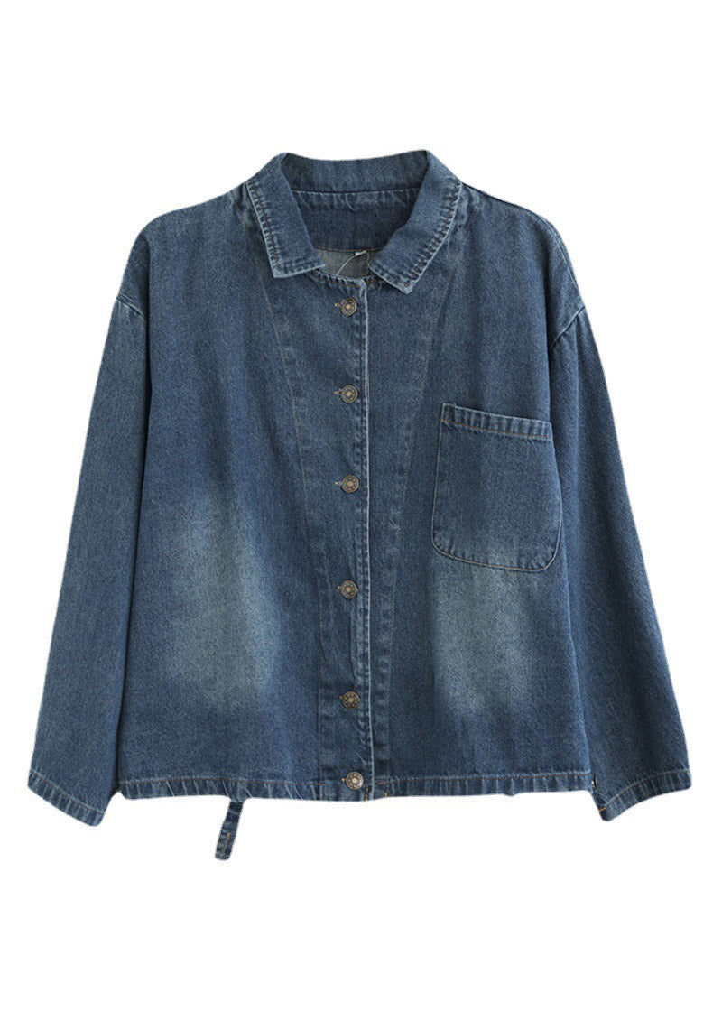 French Blue Peter Pan Collar Patchwork Button Cotton Denim Coats