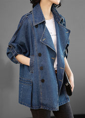 French Blue Peter Pan Collar Patchwork Button Denim Coats Long Sleeve