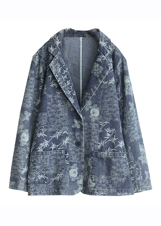 French Blue Pockets Print Denim Coats Long Sleeve