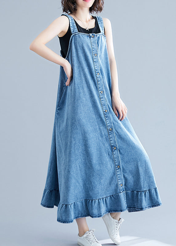 French Blue Ruffles Button Cotton Denim Strap Dress